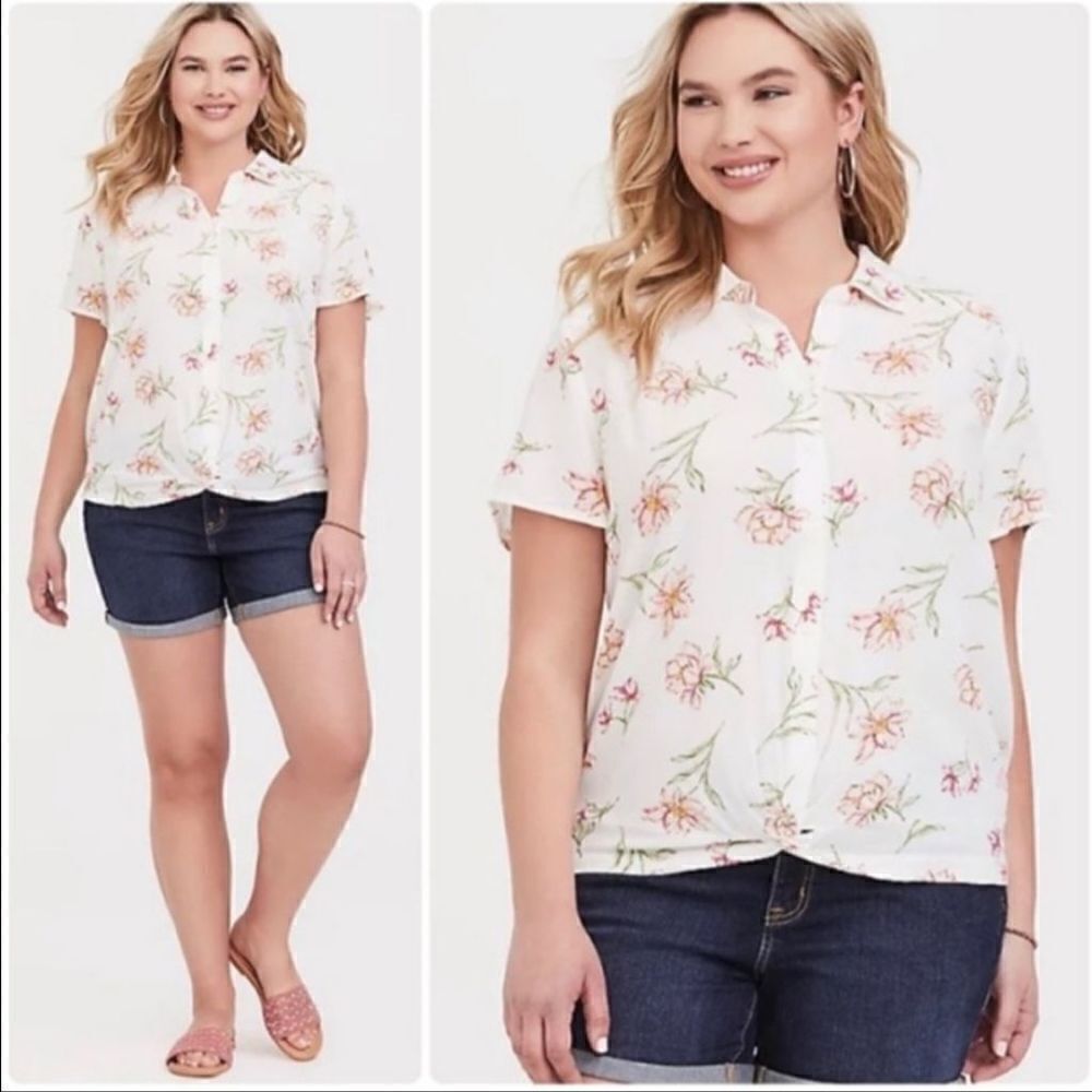 Floral Print Short-Sleeve Button Front Top - White/Pink